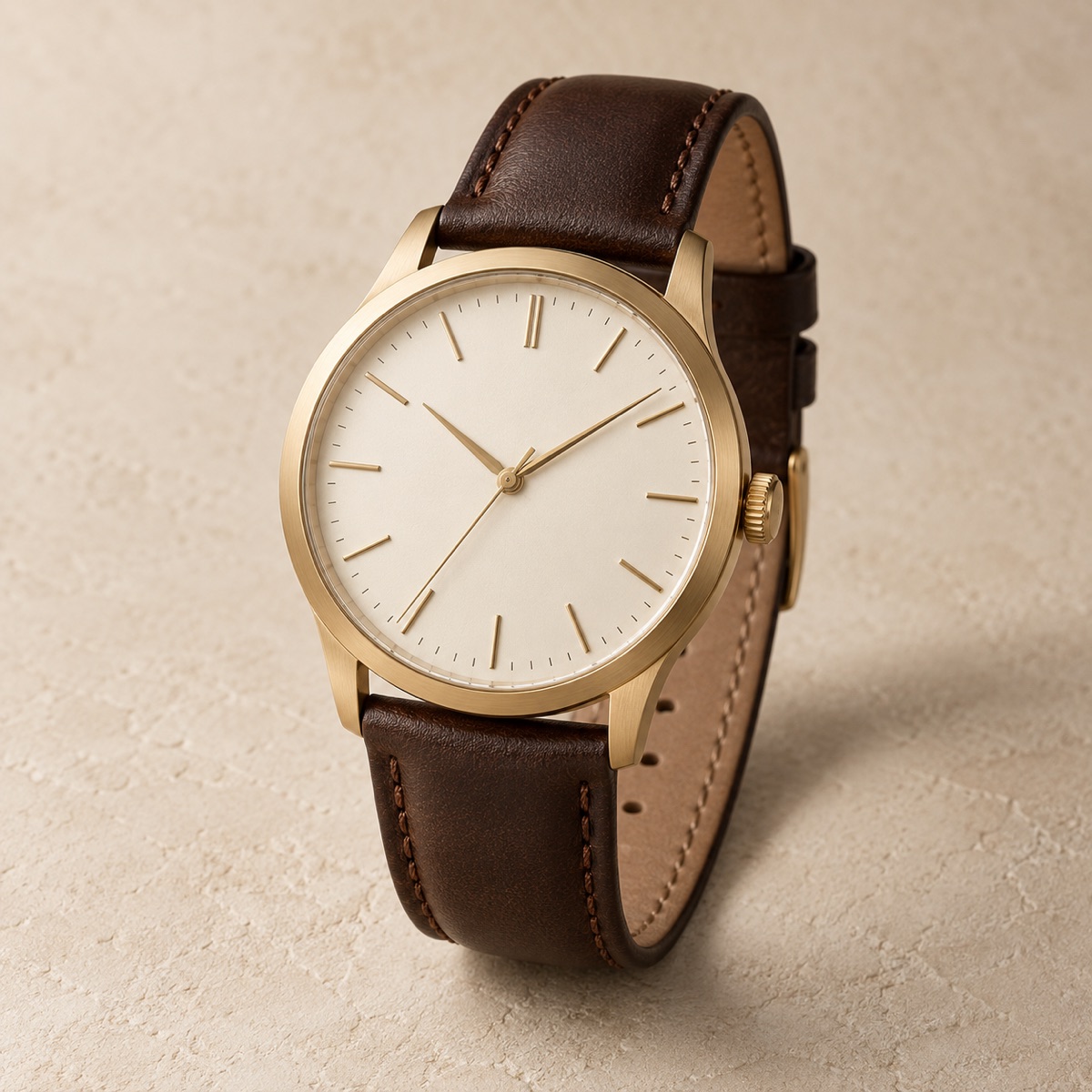Leather strap watch with ivory dial